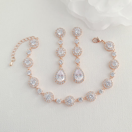 Rose Gold Earrings Bracelet Set for Brides- Reagan