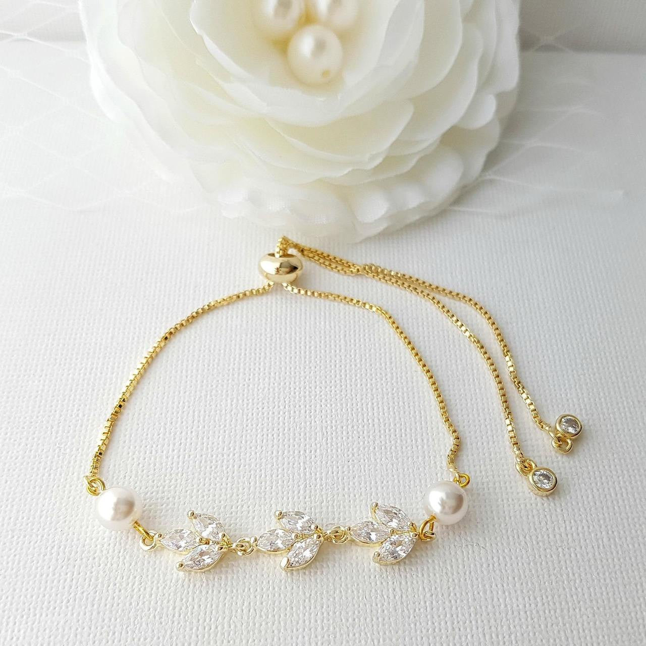 Bridal Bracelet in Rose Gold With CZ & Pearl-Leila