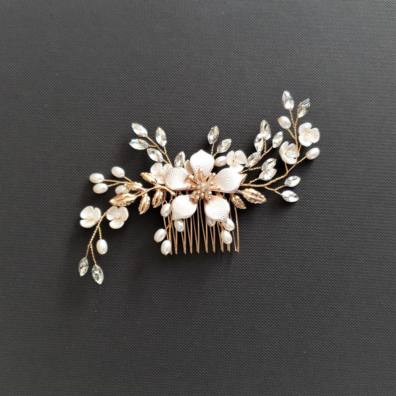 Jewelled Rose Gold Bridal Hair Comb with Pearl & Crystal Leaves-Freya