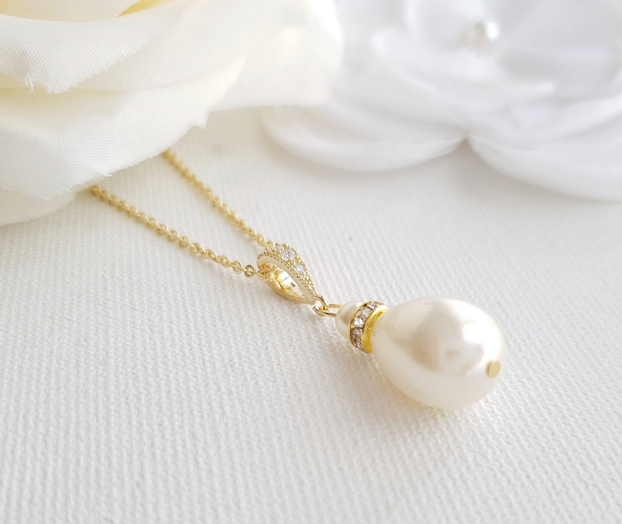 14K Gold plated teardrop wedding necklace with Cream or white pearl colour- Poetry Designs