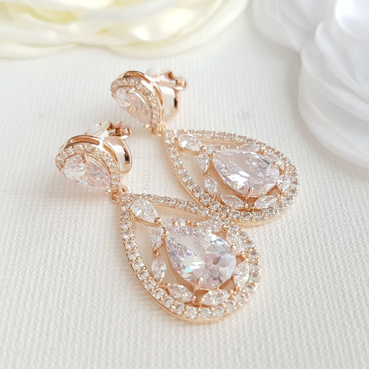 Wedding Rose Gold CLIP ON Earrings Crystal Bridal Earrings Gold Teardrop Earrings Wedding Earrings Non Pierced Ears Bridal Jewelry, Esther