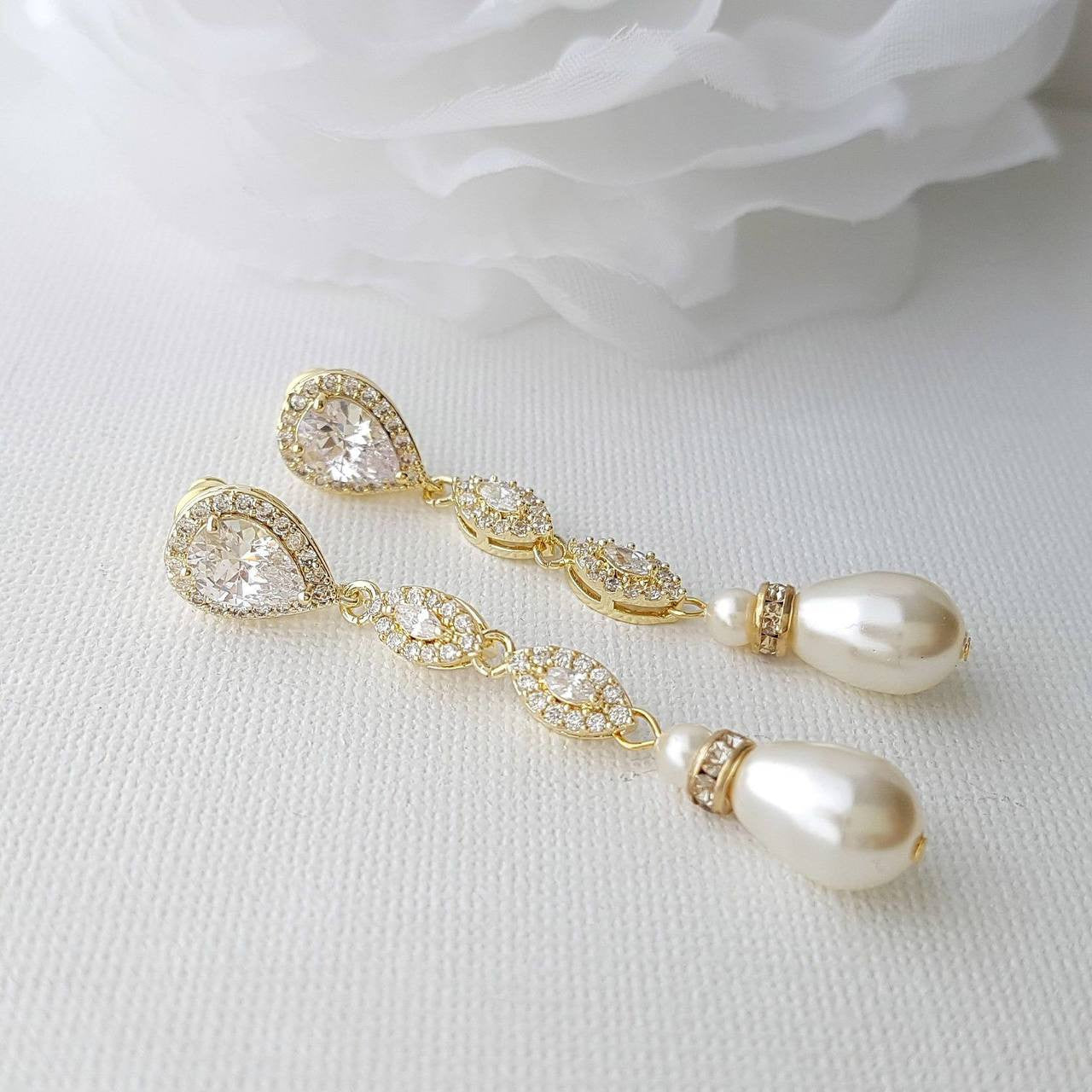 Slim Gold and Pearl Drop Earrings-Abby