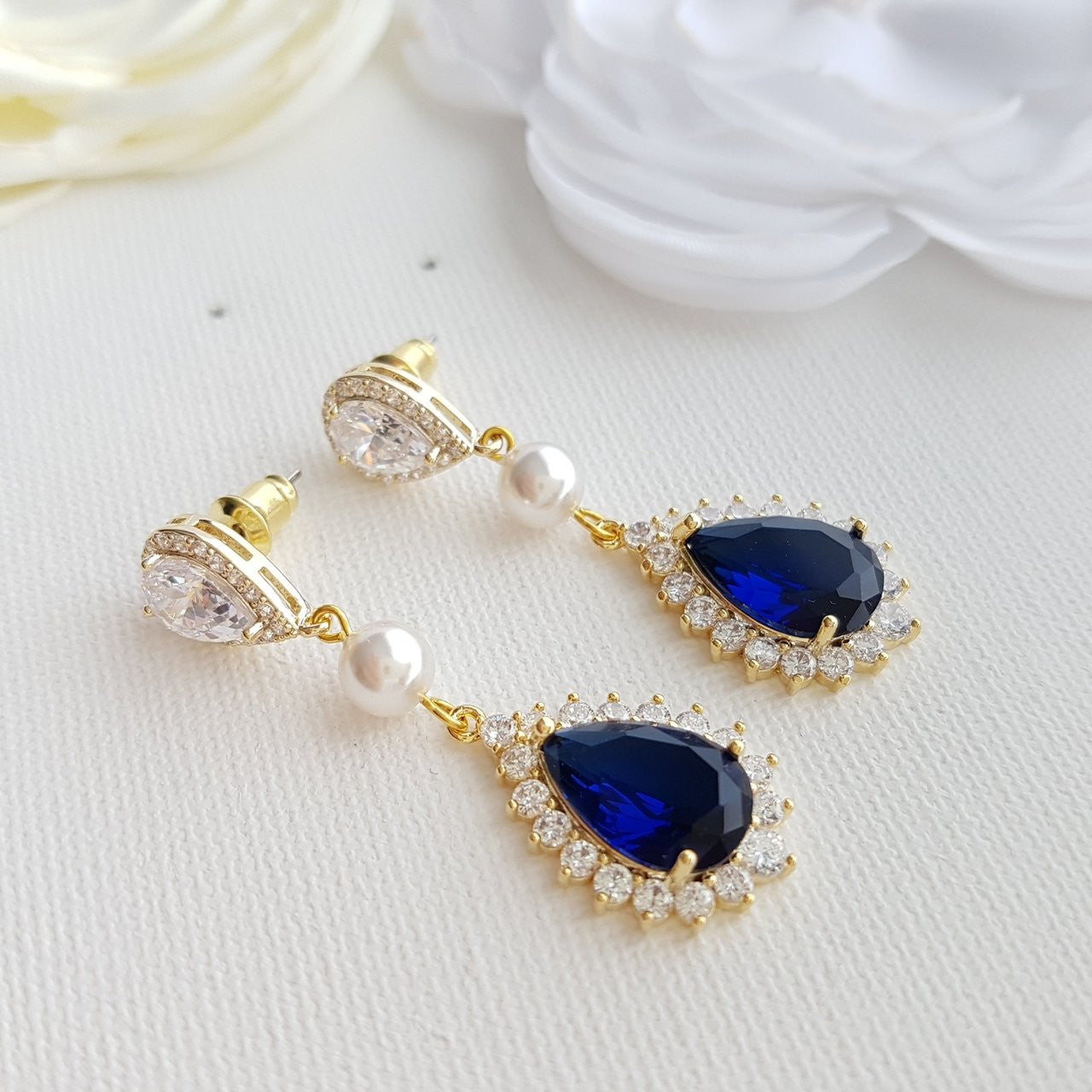 Blue and Gold Crystal Earrings with Pearls For Brides- Poetry Designs