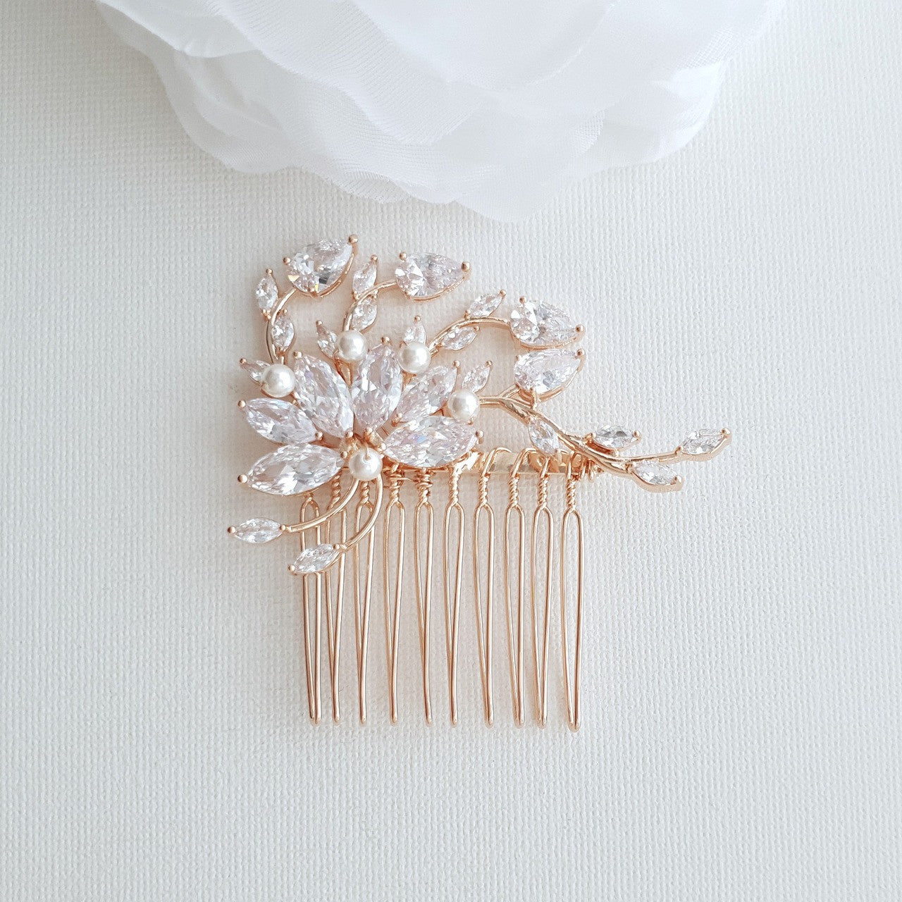 Small Flower Rose Gold Bridal Hair Comb -Kika