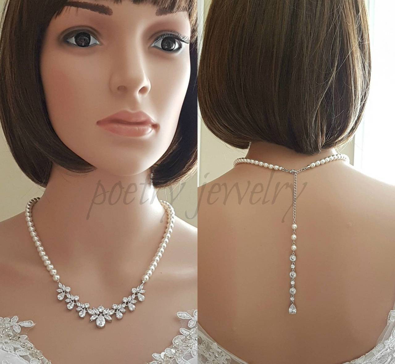 Back Bridal Necklace in Crystal and Pearl Backdrop for Wedding-Nicole