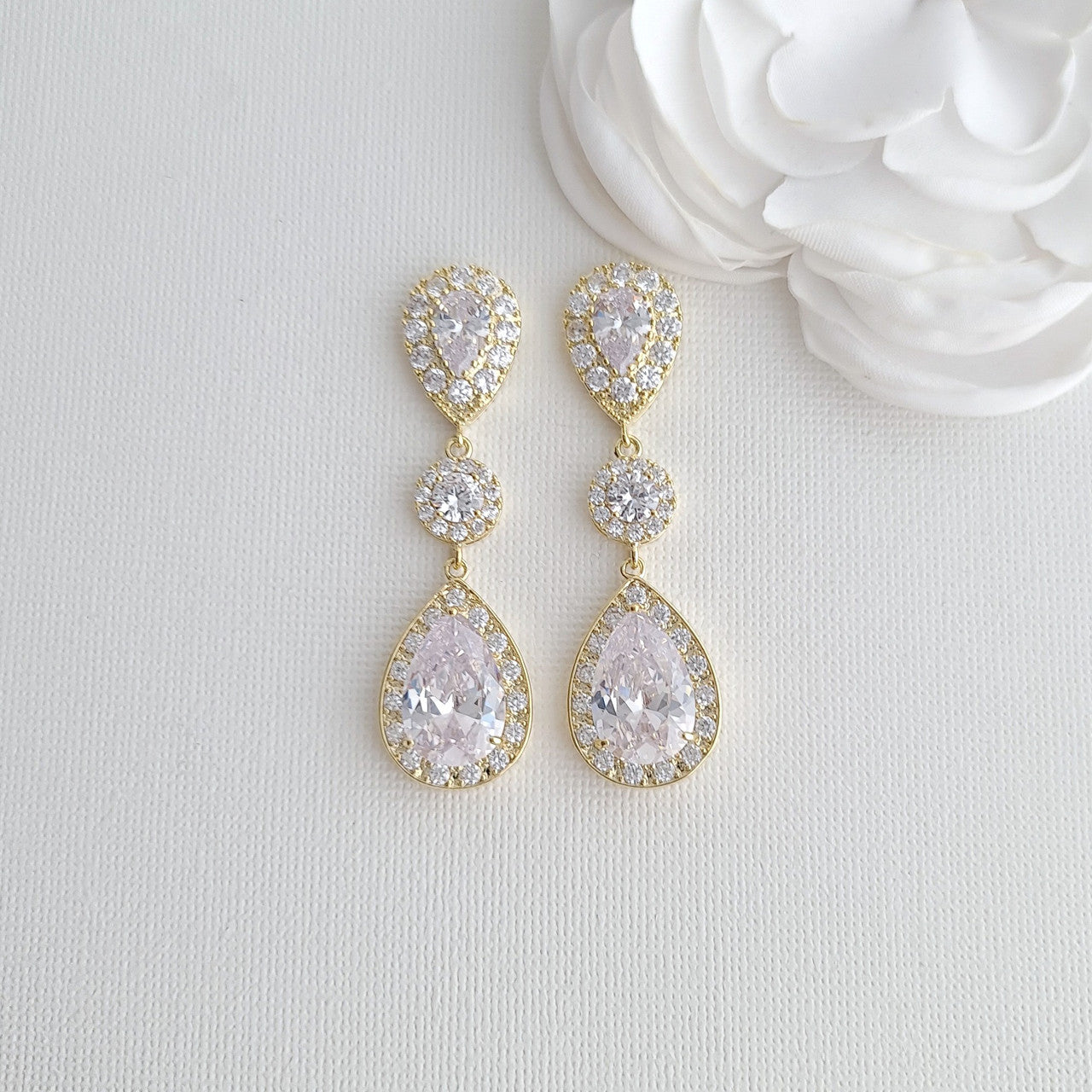 Teardrop Rose Gold Bridal Earrings-Penelope