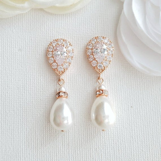 Rose gold pearl drop earrings featuring statement cubic zirconia tops and lush teardrop shell pearls