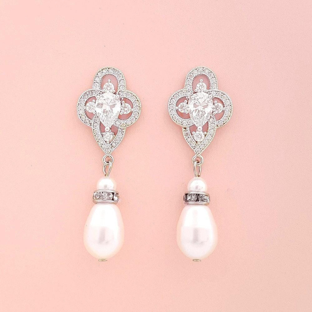 Pearl Drop Earrings, Bridal Earrings, Crystal Wedding Earrings, Bridesmaids Earrings, CZ Pearl Earrings, Pearl Wedding Jewelry, Mabel