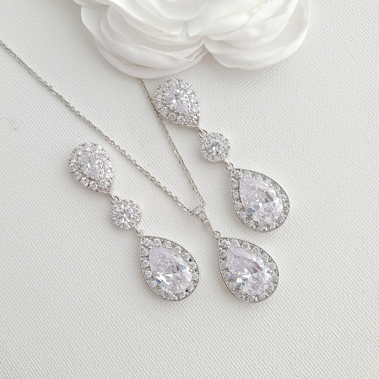 Simple Cubic Zirconia Necklace Set with Long CZ Earrings for Wedding- Penelope