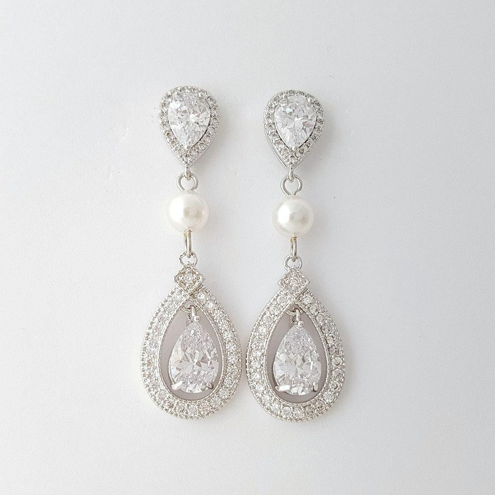Crystal Wedding Earrings With CZ &  Pearl- Sarah