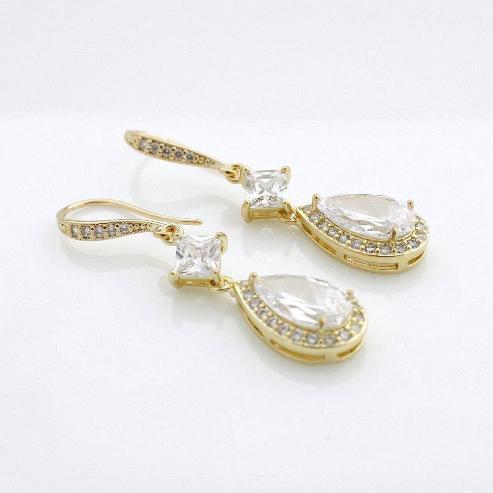 Rose Gold Earrings, Wedding Earrings, Crystal Drop Bridal Earrings, Cubic Zirconia, Gold, Dangle Earrings, Bridal Jewelry, Lena