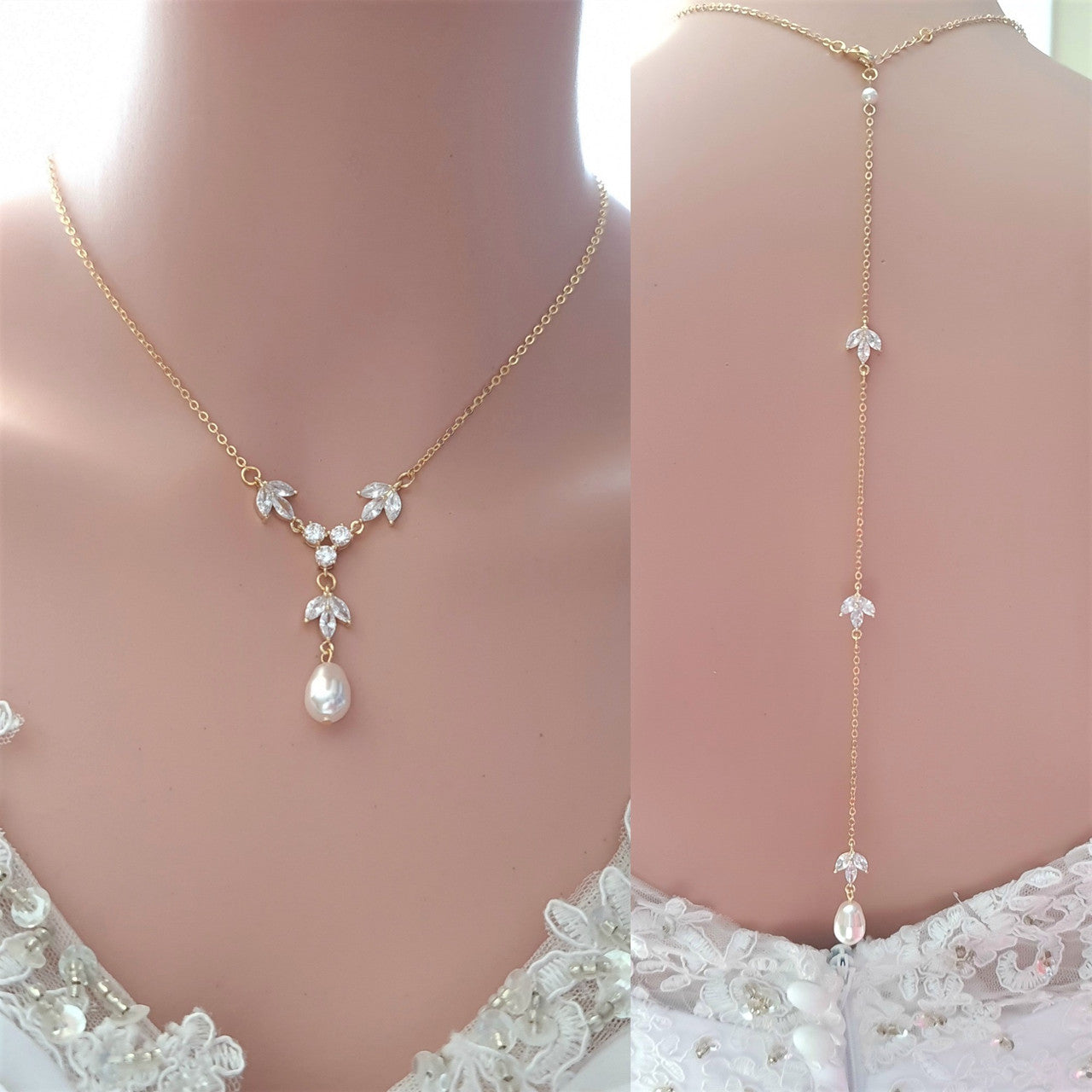 Rose Gold Bridal Backdrop Necklace-Leila