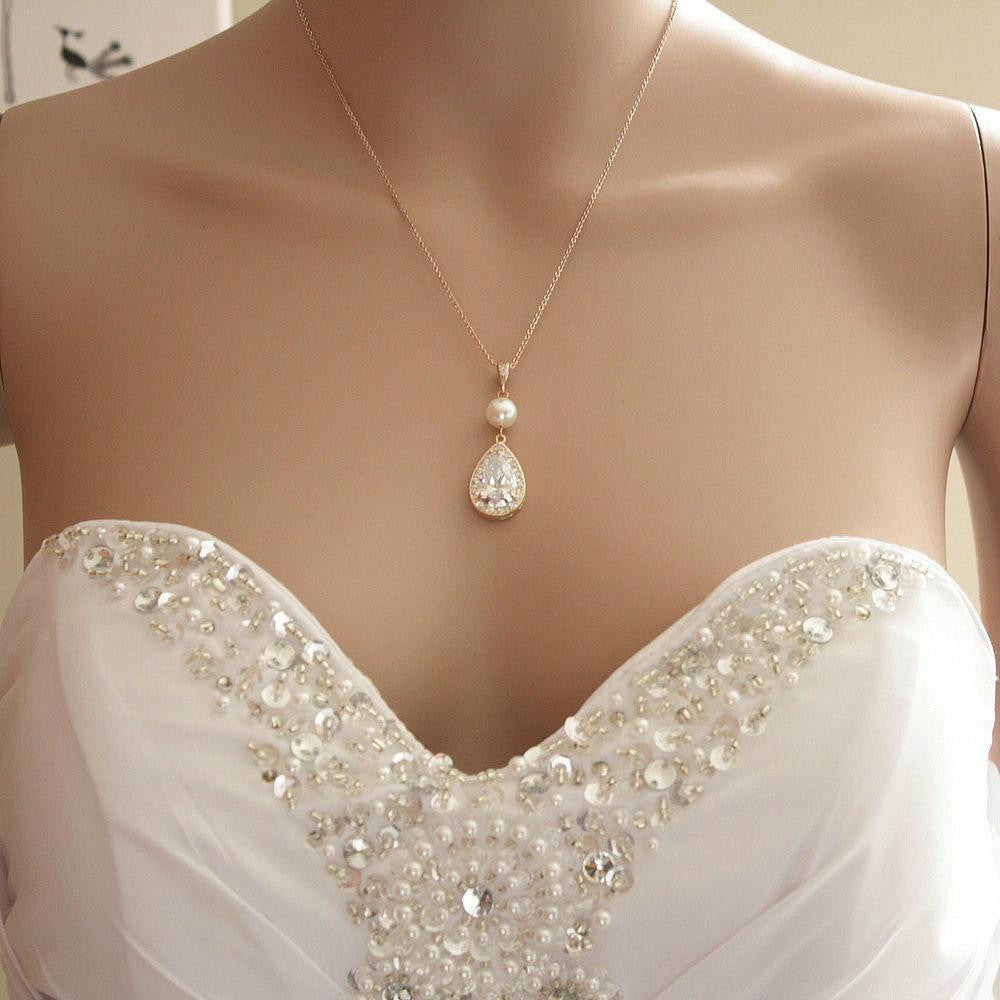 Cubic Zirconia & Pearl Teardrop Necklace for Weddings-Evita