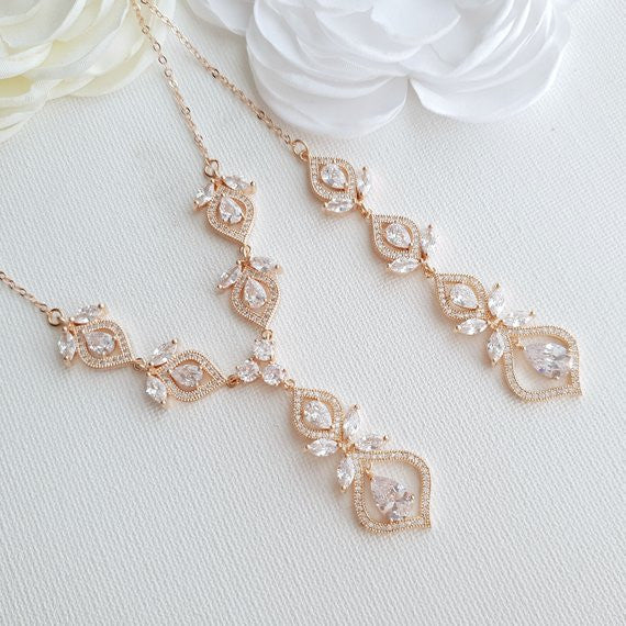 Back Necklace Rose Gold Bridal Necklace Crystal Wedding Necklace Gold Back Drop Necklace Backdrop Necklace for Brides Bridal Jewelry Meghan
