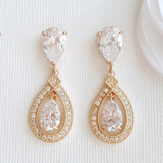 Gold Crystal Drop Earrings Weddings- Sarah