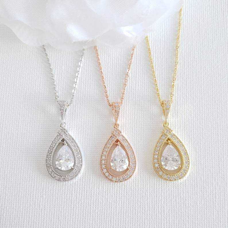 Gold Bridal Pendant Necklace Made of Teardrop Cubic Zirconia-Sarah