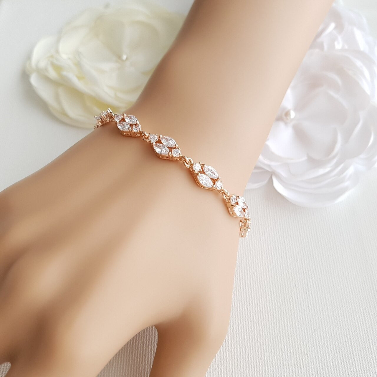 Gold Crystal Bridal Bracelet in Marquis Tennis Bracelet Style-Hayley