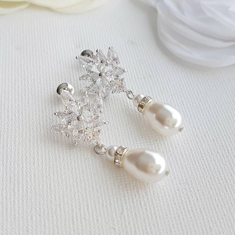 Gold Drop Earrings for Weddings with Teardrop Pearls-Rosa