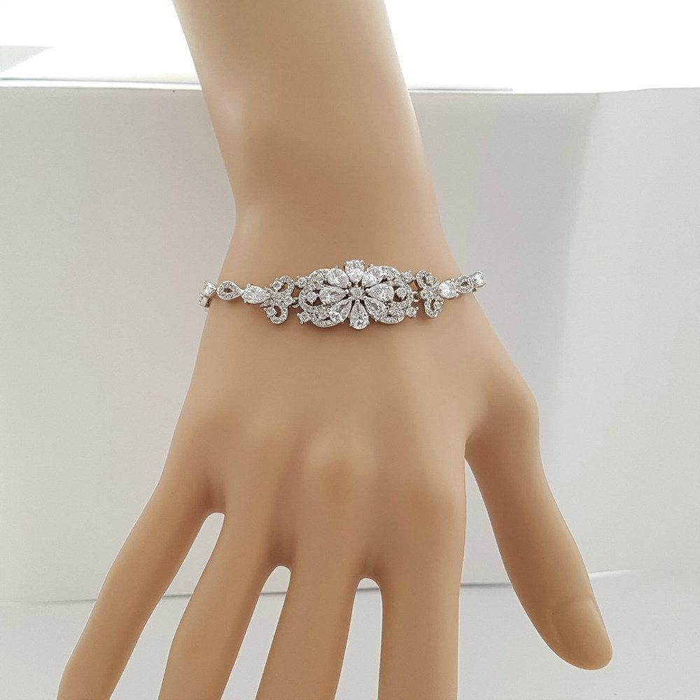Wedding Bracelet, Flower, Crystal Bridal Bracelet, Wedding Jewelry, CZ Bracelet, Crystal Wedding Bracelet, Bridal Jewelry, Astra