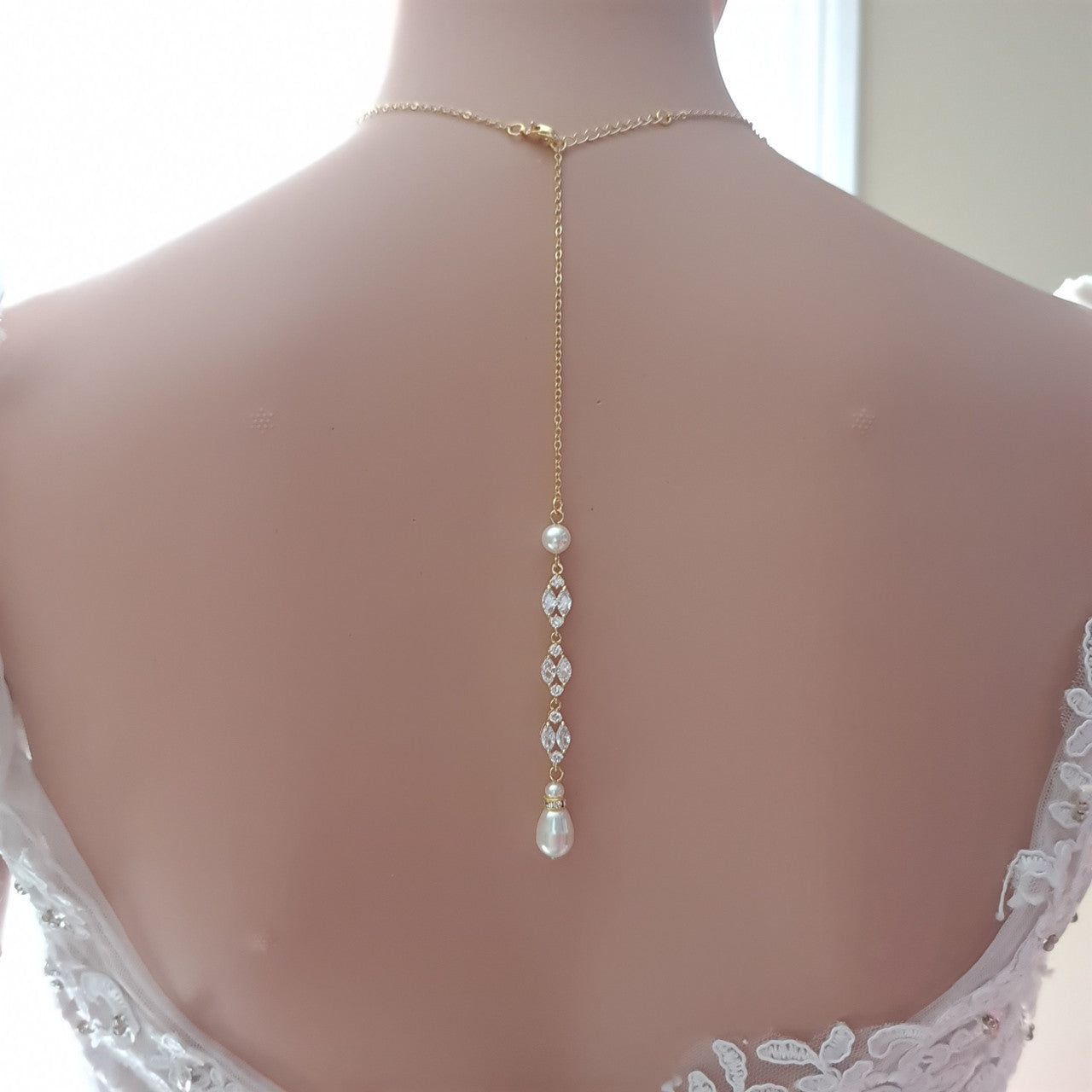 Bridal Back Necklace with Pearl & Crystal Backdrop for Weddings- Hayley