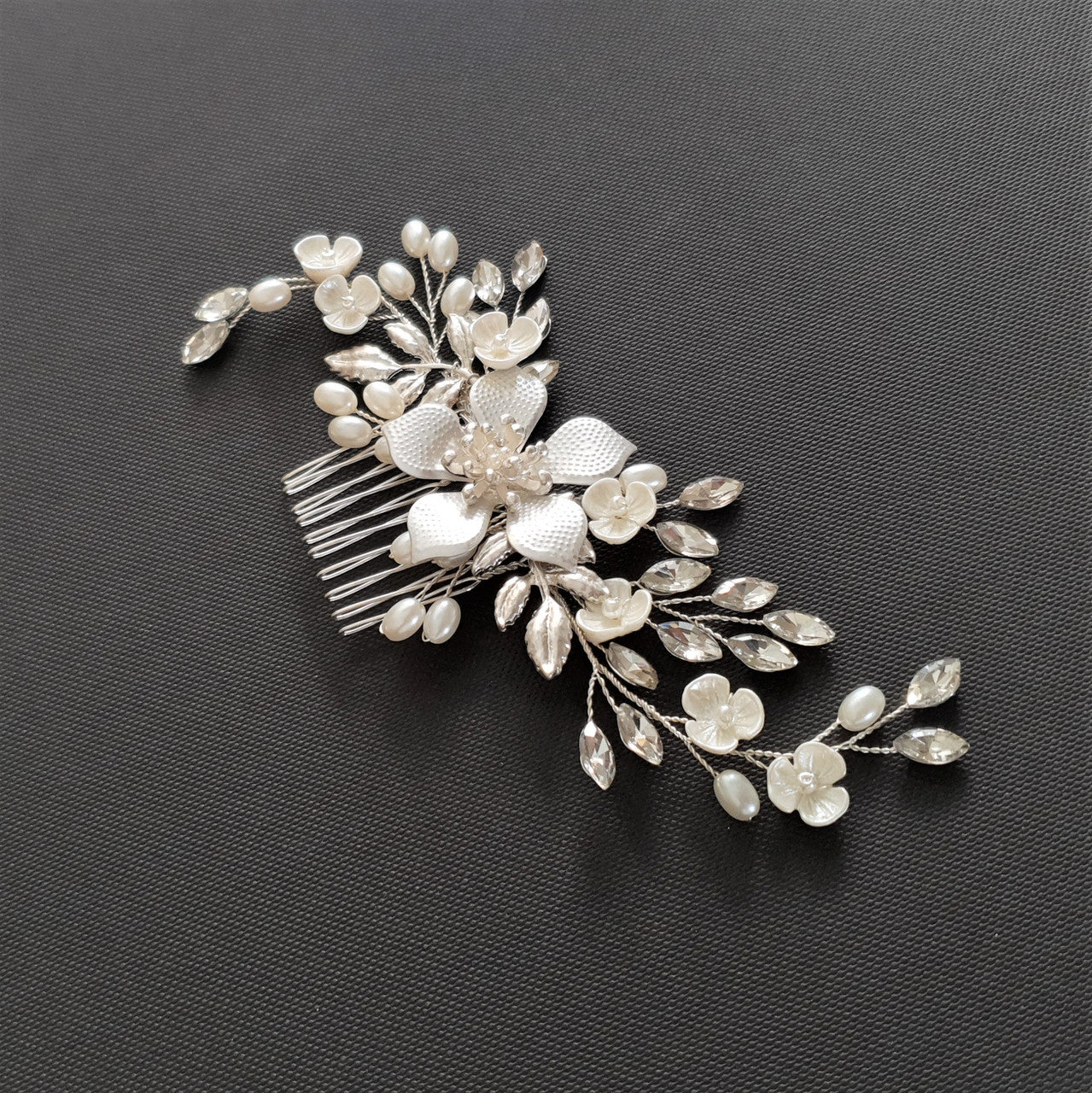 Jewelled Rose Gold Bridal Hair Comb with Pearl & Crystal Leaves-Freya