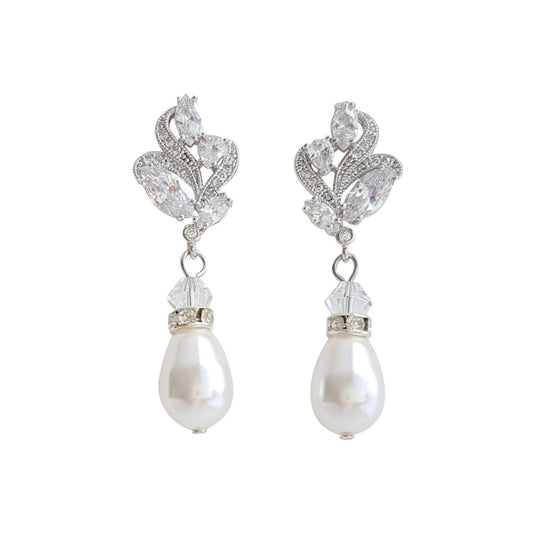 Silver Bridal Earrings With Pearl Drops-Wavy