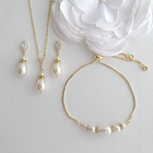 Jewellery Set for Brides With Pearl Bracelet+Pearl Earrings+Pearl Necklace-Ella