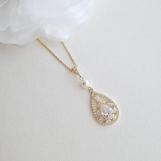 Teardrop Cubic Zirconia Pendant Necklace in 14K Gold for Weddings-Esther