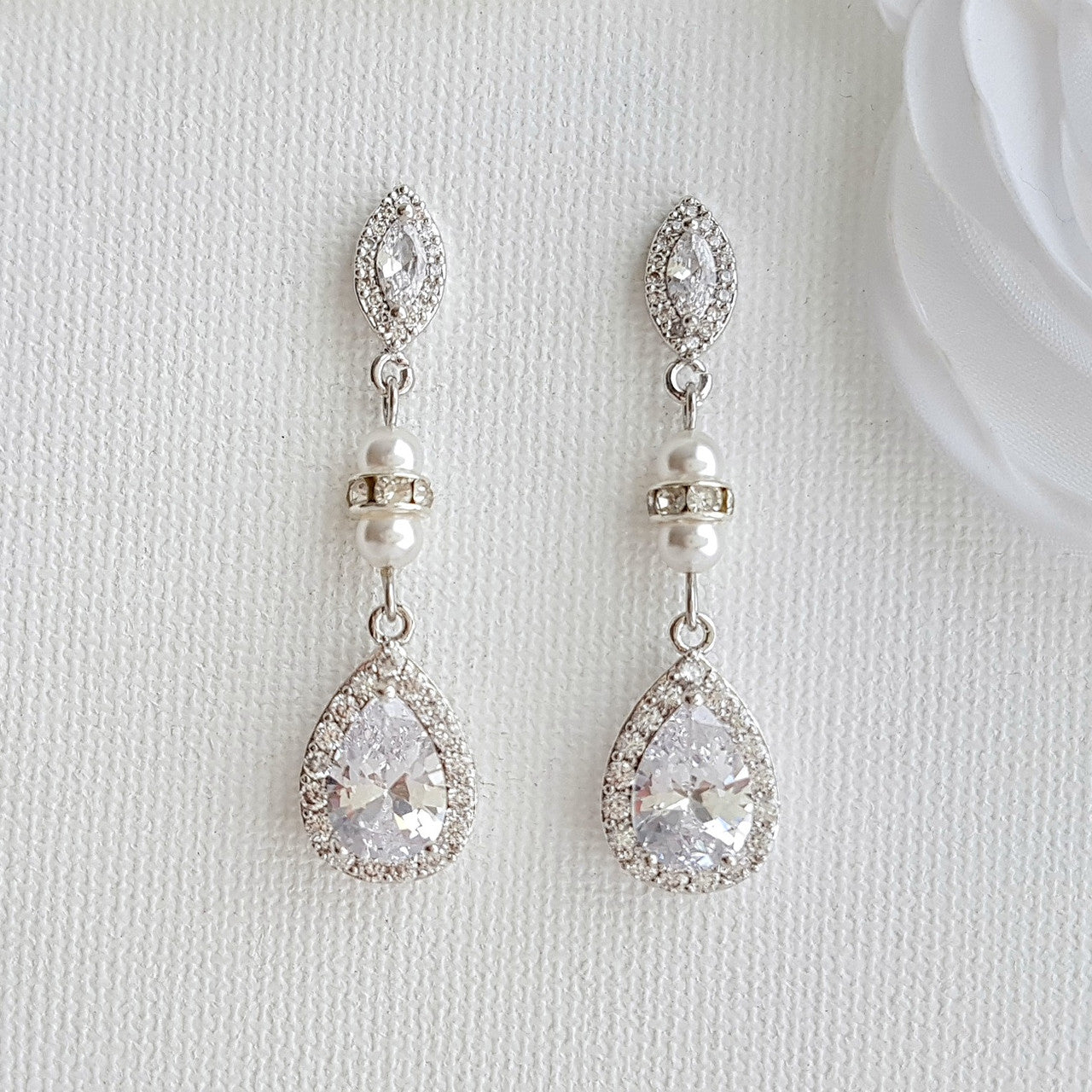 Gold and Pearl Wedding Drop Earrings-Ella