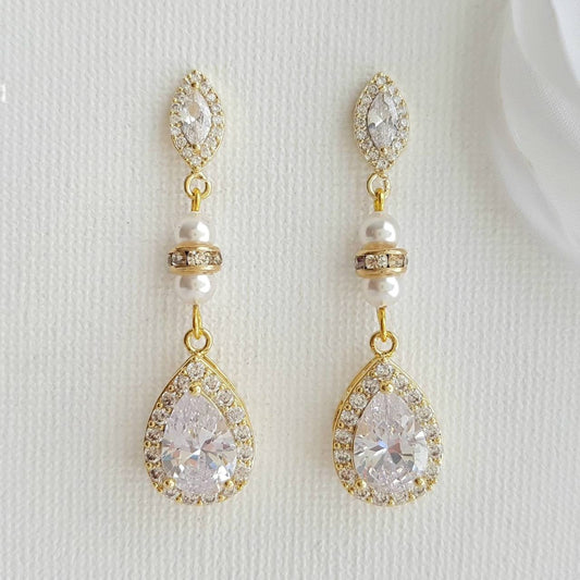 Gold and Pearl Wedding Drop Earrings-Ella