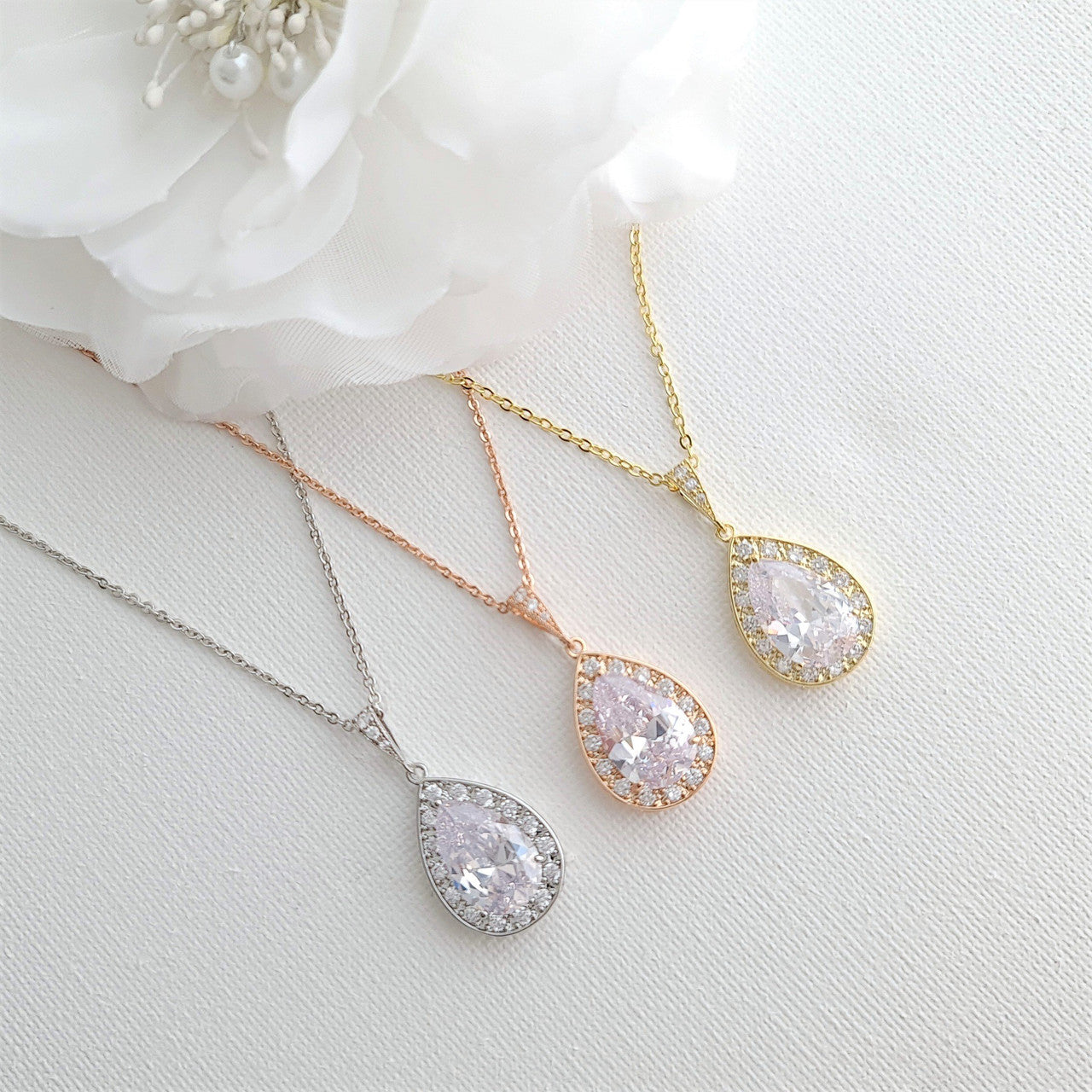 Silver, Gold, Rose Gold Teardrop Pendant Necklaces - Poetry Designs