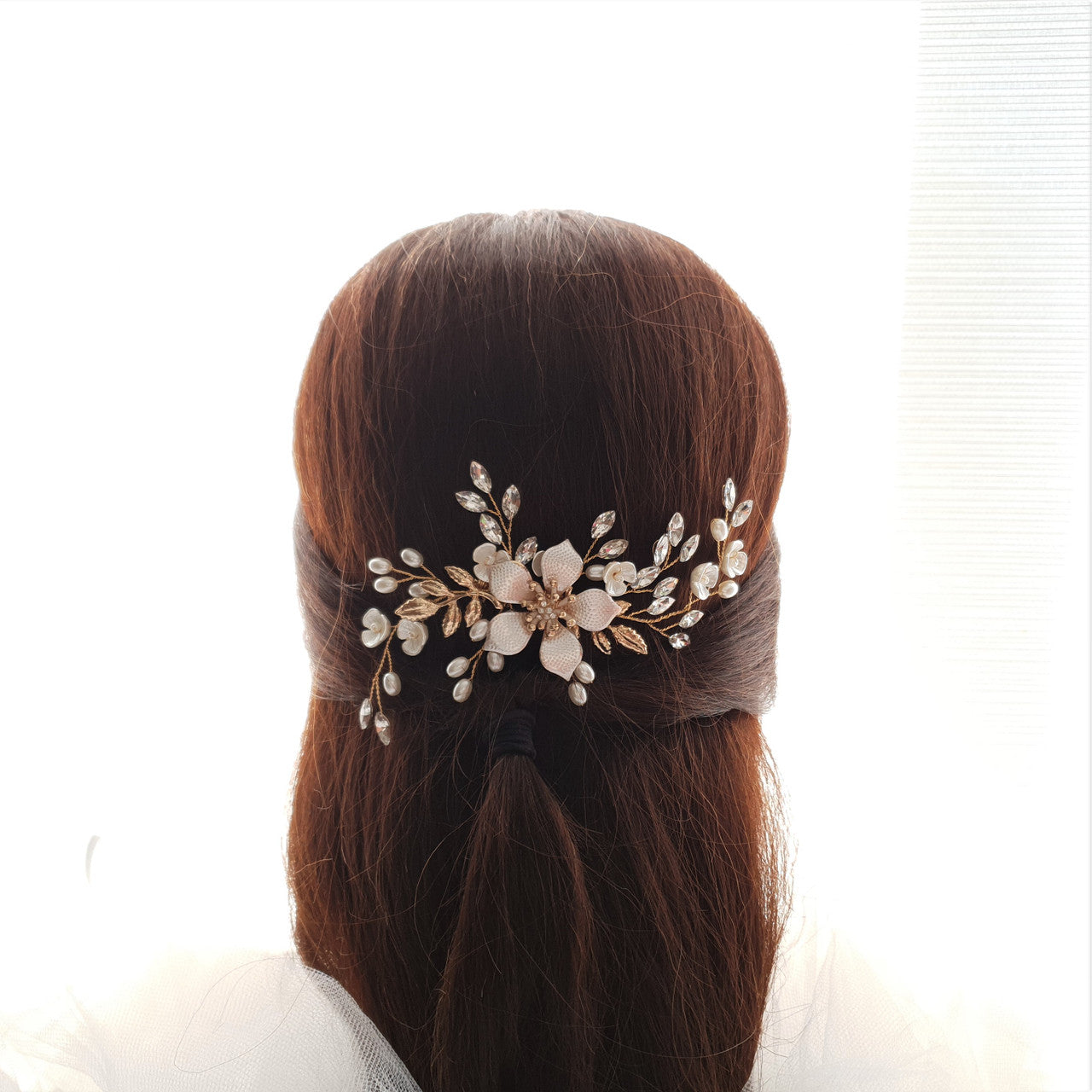 Jewelled Rose Gold Bridal Hair Comb with Pearl & Crystal Leaves-Freya