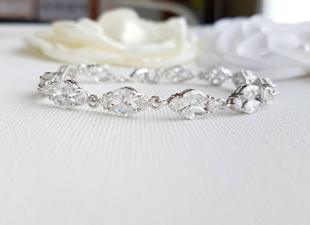 Gold Crystal Bridal Bracelet in Marquis Tennis Bracelet Style-Hayley