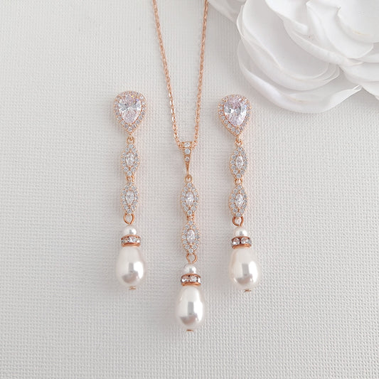 Pearl Wedding Jewellery Set in Rose Gold-Abby