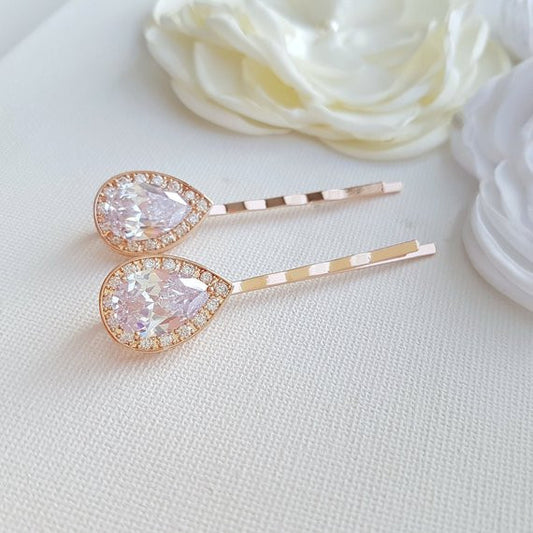 Rose Gold Teardrop CZ Hair Pins Set for Bridesmaids & Flower Girls- Evelyn