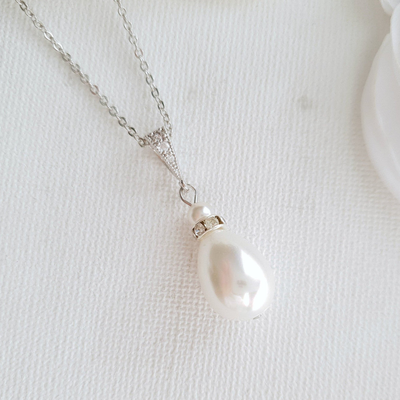 teardrop pearl pendant in silver and chain 16 or 18" length- Poetry Designs