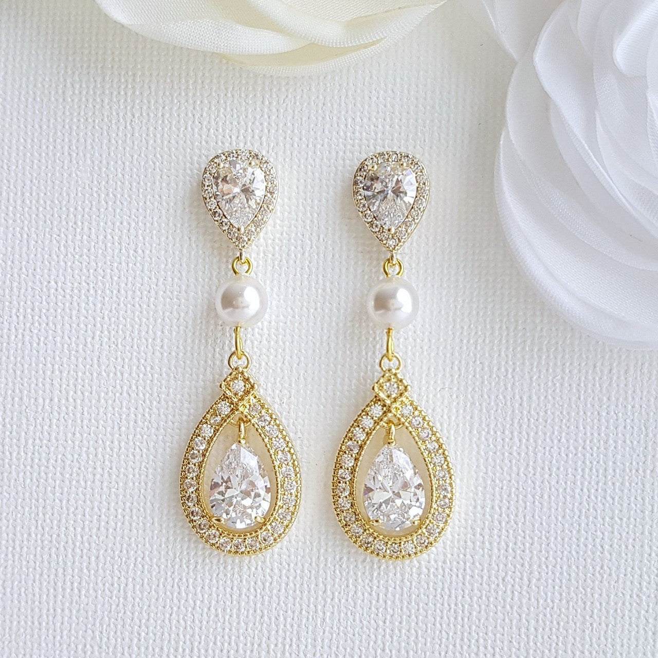 Rose Gold Bridal Earrings in Pearls & Cubic Zirconia-Sarah
