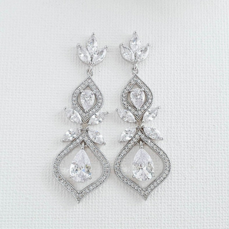 Crystal Teardrop Wedding Earrings for Brides Silver- Meghan