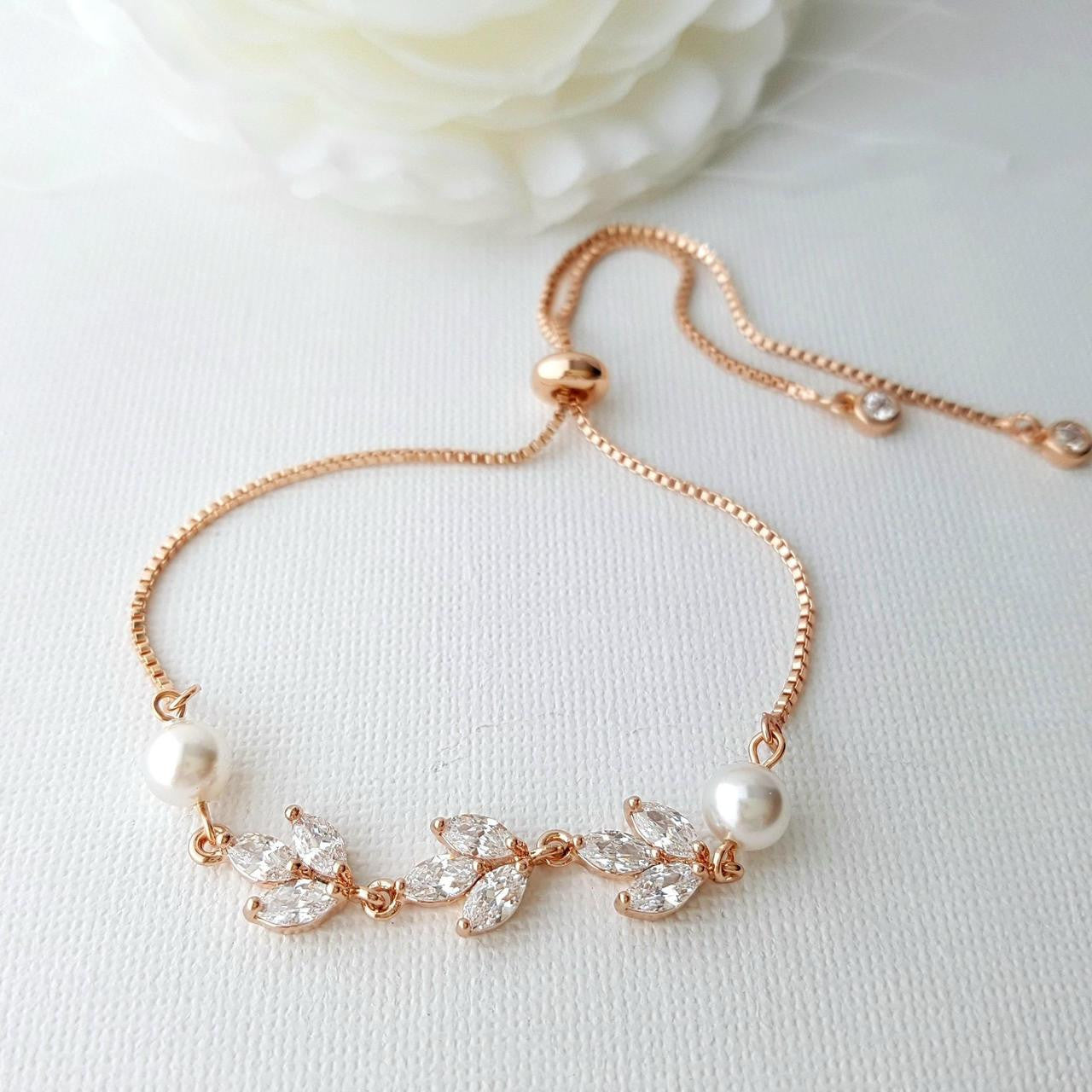 CZ & Pearl Bracelet for Bride in Silver, Gold & Rose Gold-Leila