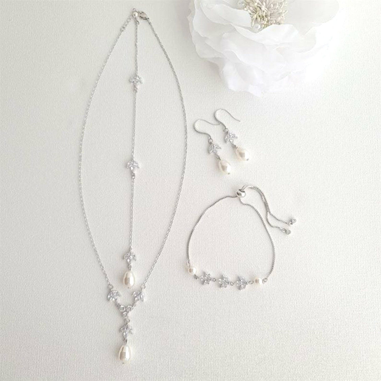 Simple Bridal Jewellery Set-3 Pcs- Silver & Pearl- Leila