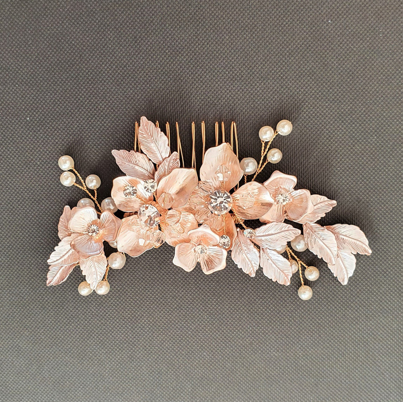 Rose Gold Flower and Leaf Hair Comb for Weddings- Azalea