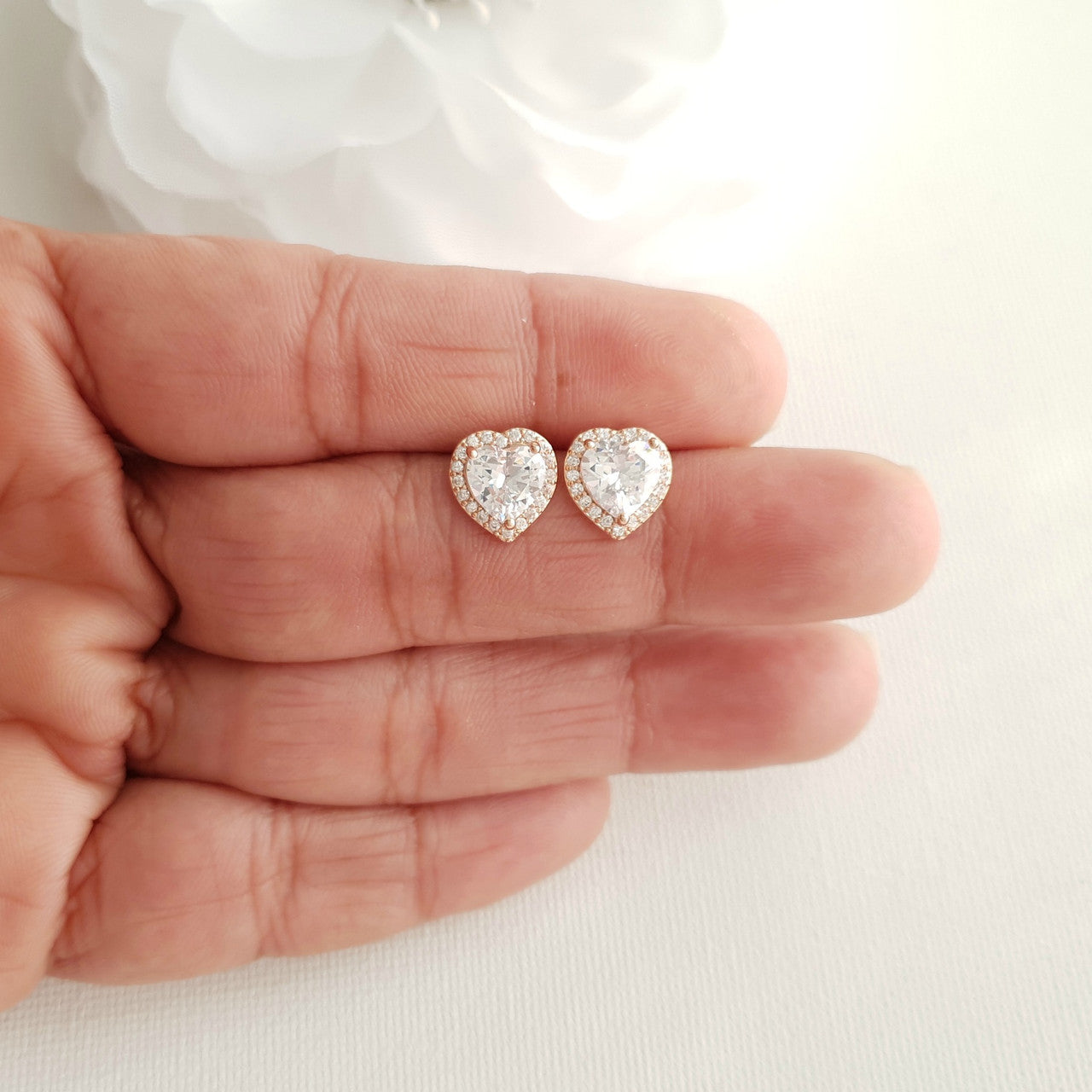 14K Gold Cubic Zirconia Heart Earrings Studs -Diana