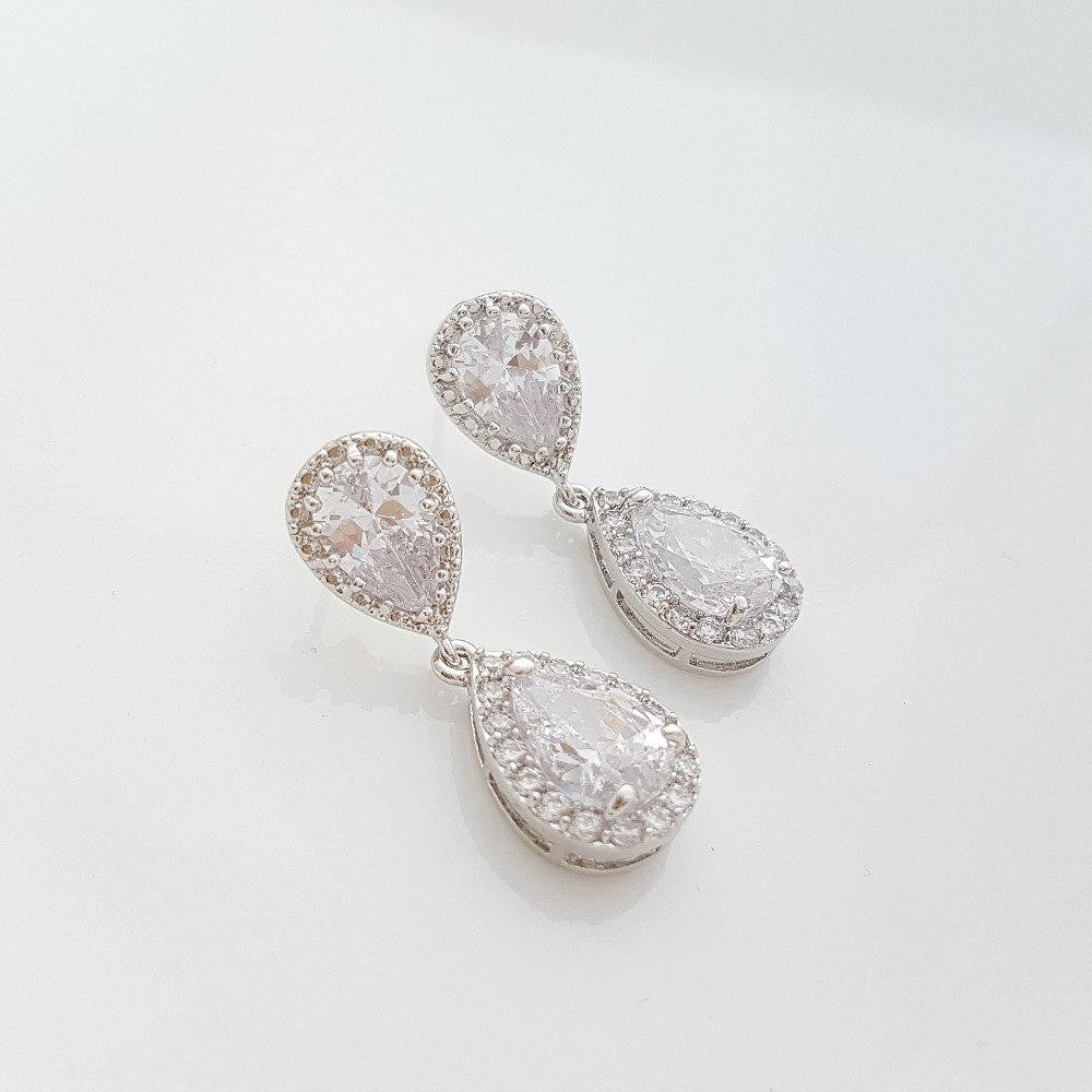 Earring Necklace Set for Brides, Crystal Wedding Set, Bridal Jewelry Set, Cubic Zirconia Teardrop Earrings Pendant Set, Emma