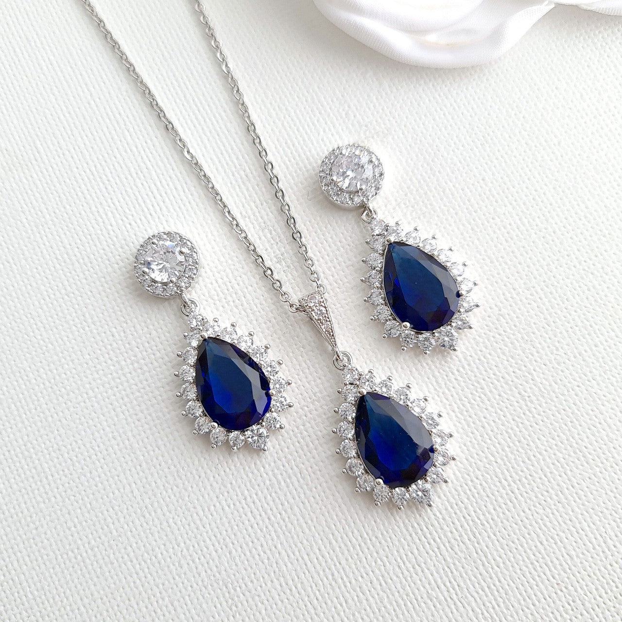 Sapphire Blue Stone Earrings Bracelet Necklace Set-Aoi