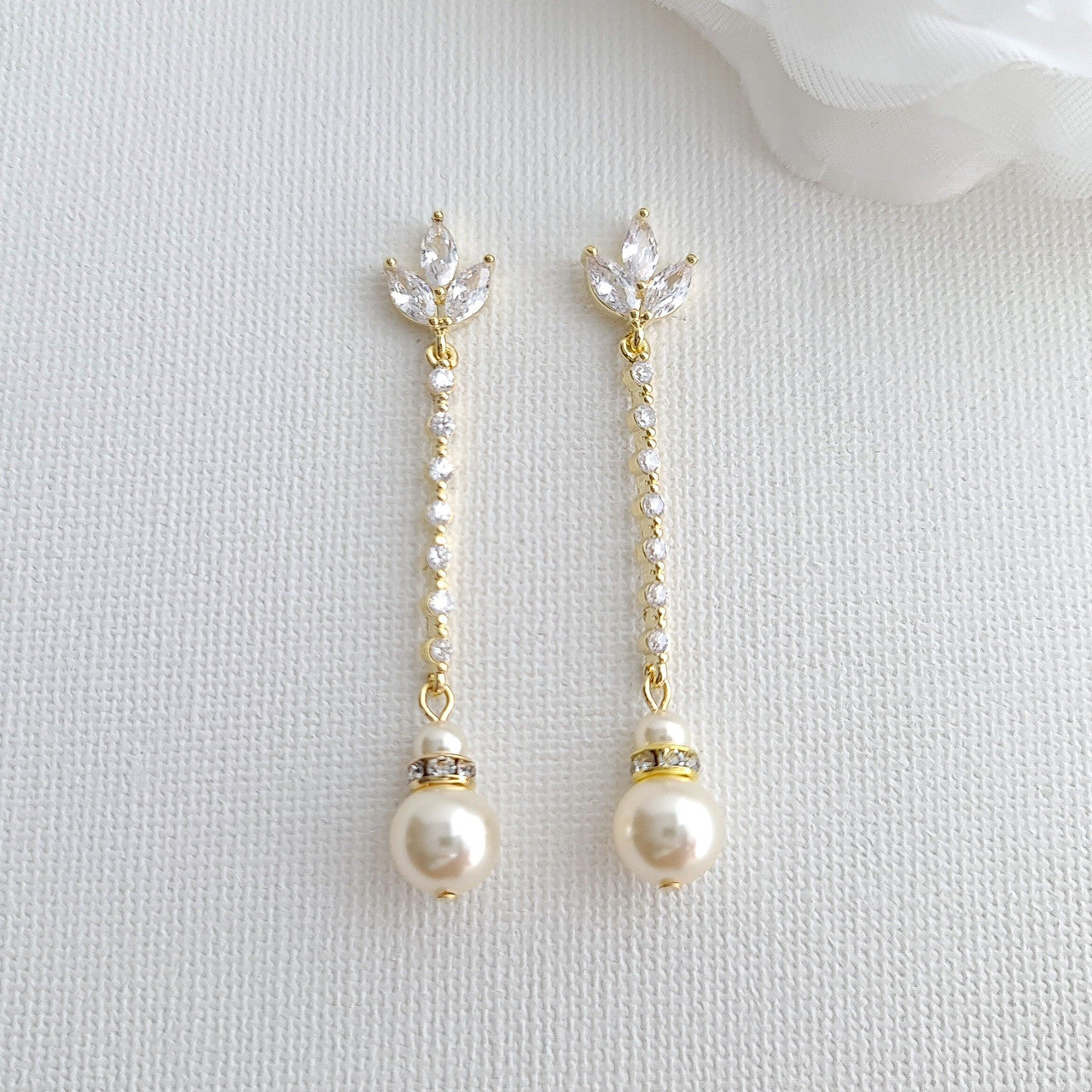 Skinny Long Pearl Drop Earrings in Rose Gold -Jodi