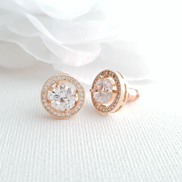 Gold Round Stud Earrings in Cubic Zirconia- Denise