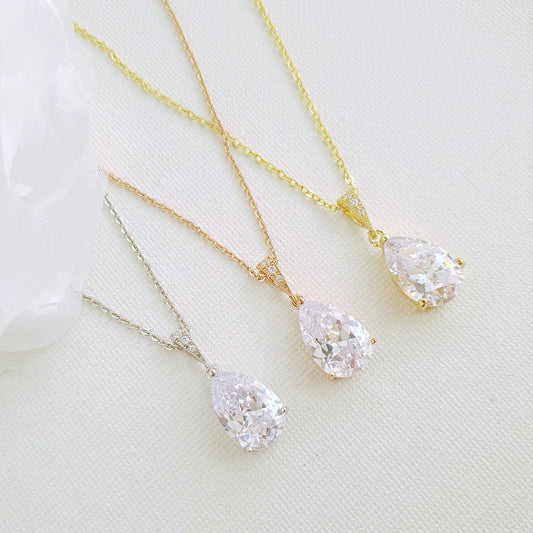 Clear Cubic Zirconia Teardrop Necklace-Clara