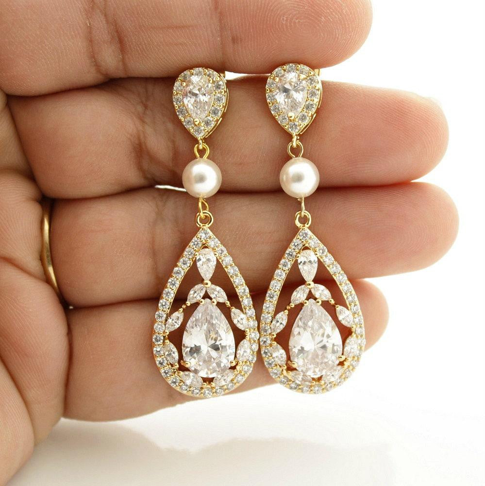 Gold Cubic Zirconia Earrings-Esther