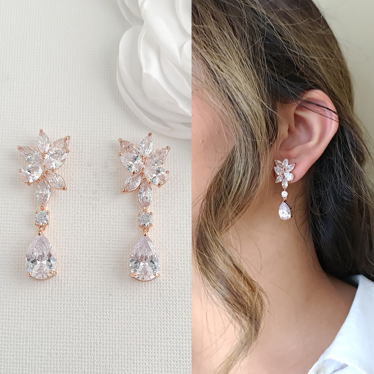 Floral Bridal Earrings with Teardrops-Ivy