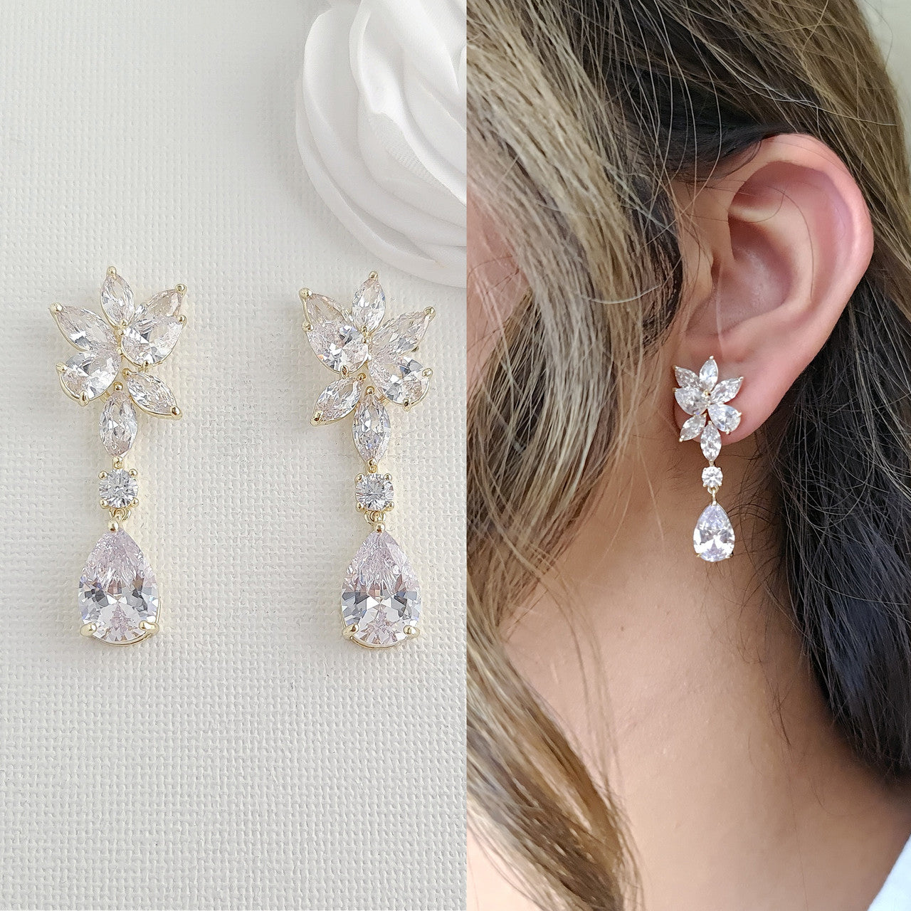 Rose Gold Floral and Teardrop Earrings For Brides-Ivy